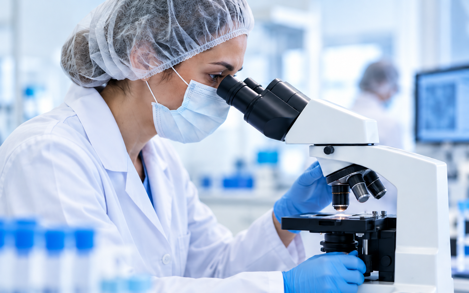 Profissional em laboratório utilizando microscópio