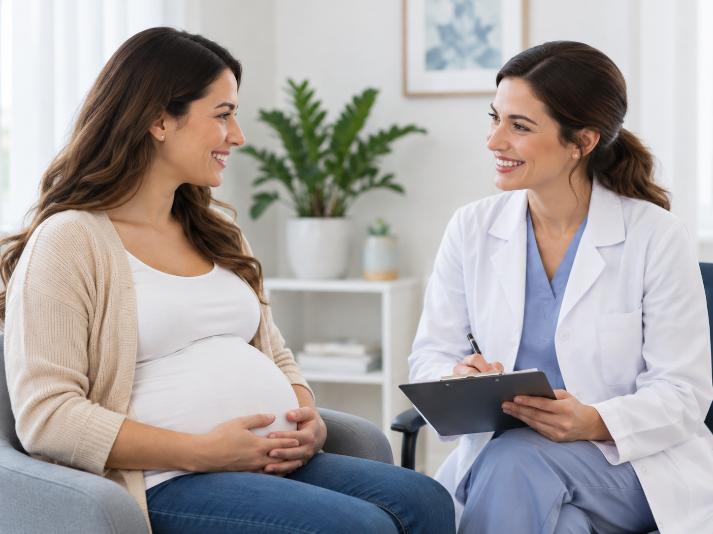 Gestante em consulta com profissional de saúde